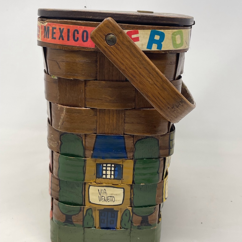 Caro Nan Handmade Painted Vintage USA Lidded Lined Basket Purse Tote Folk Art - Picture 6 of 14